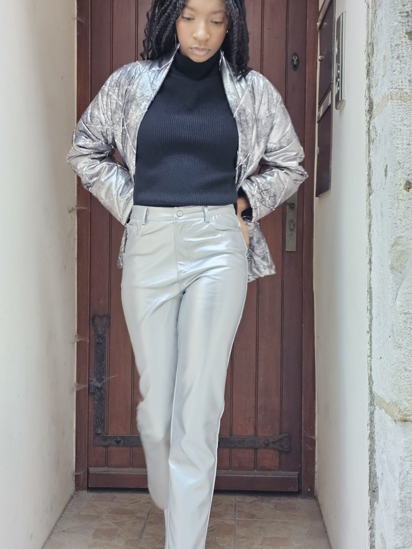 Pantalon simili-cuir argenté