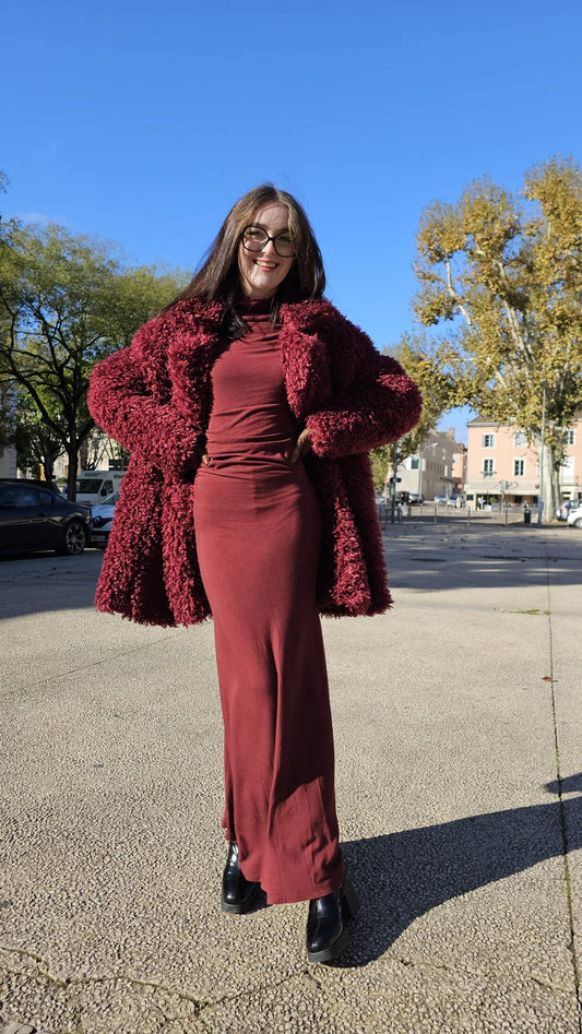 Manteau Bordeaux fausse fourrure